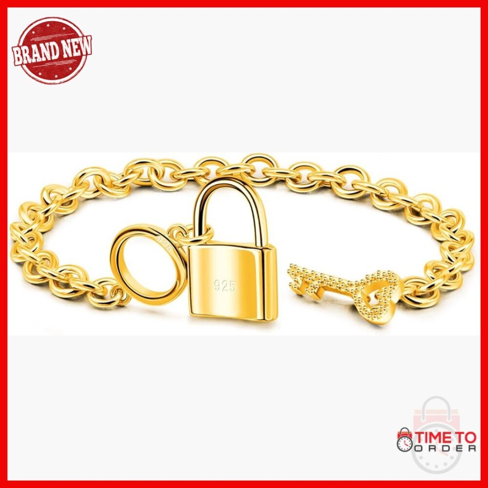 925 Sterling Silver Key Lock Pendant Bracelet Rolo Chain Bangle 8.5 Inch